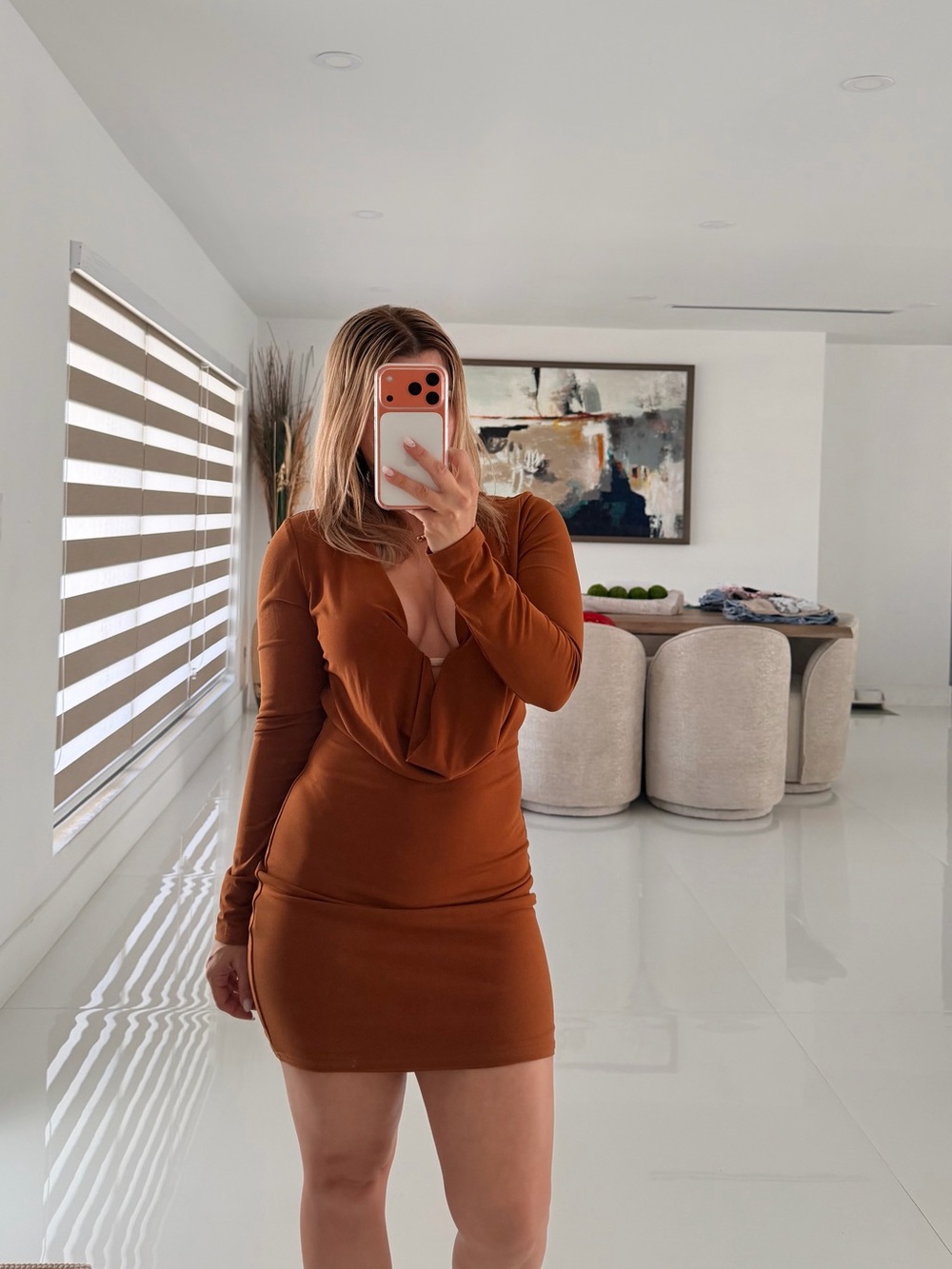 Zara Rust Brown Long-Sleeve Plunge Mini Dress